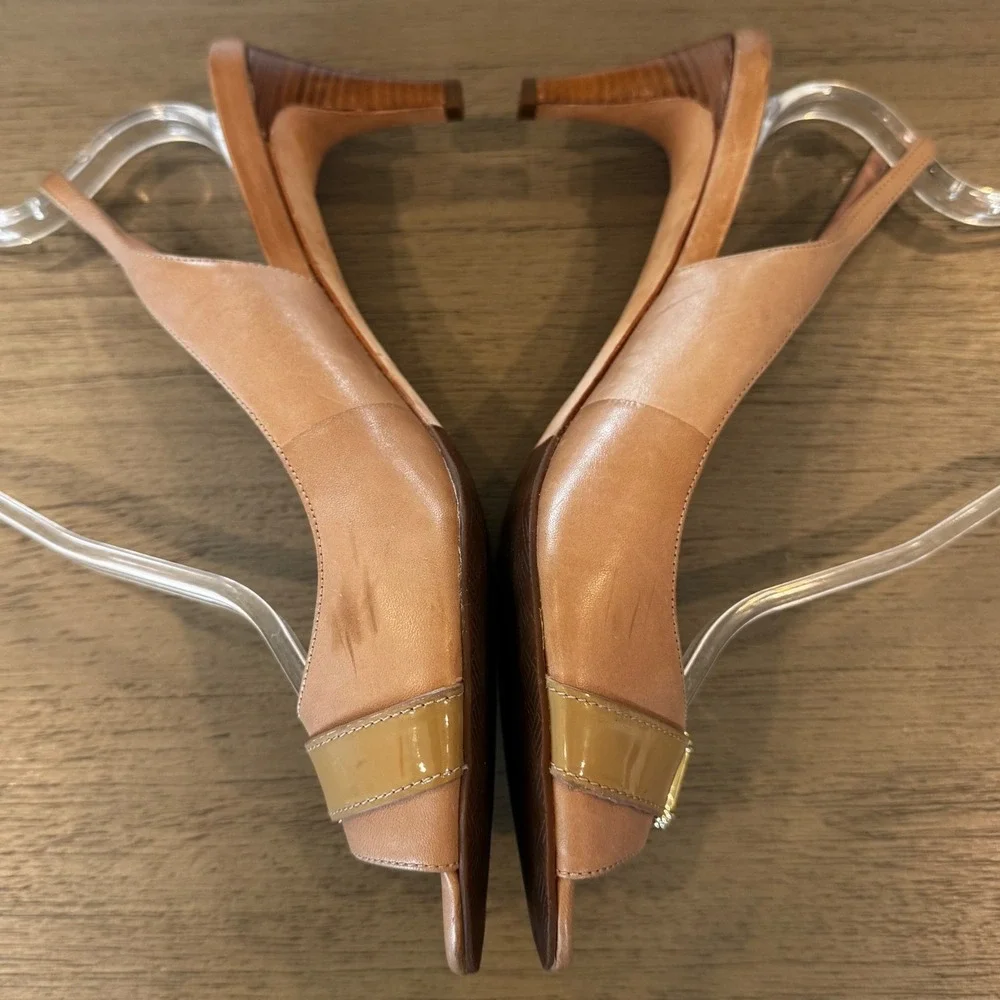 Cole Haan Women 10 B Beige Leather Slingback Peep Toe Kitten Heel Comfort Career